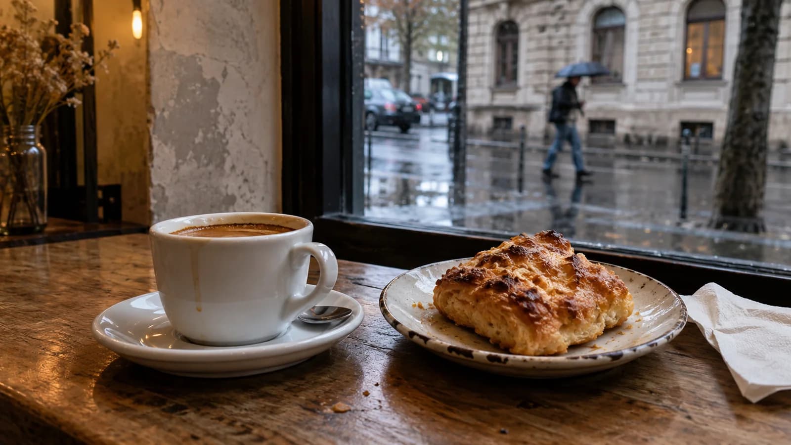 Coffee and a pastry by a café window overlooking a rainy Budapest street