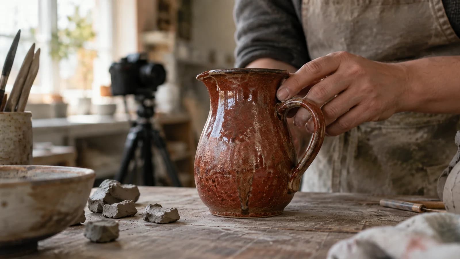 A potter holding a glazed ceramic jug on a worn workbench