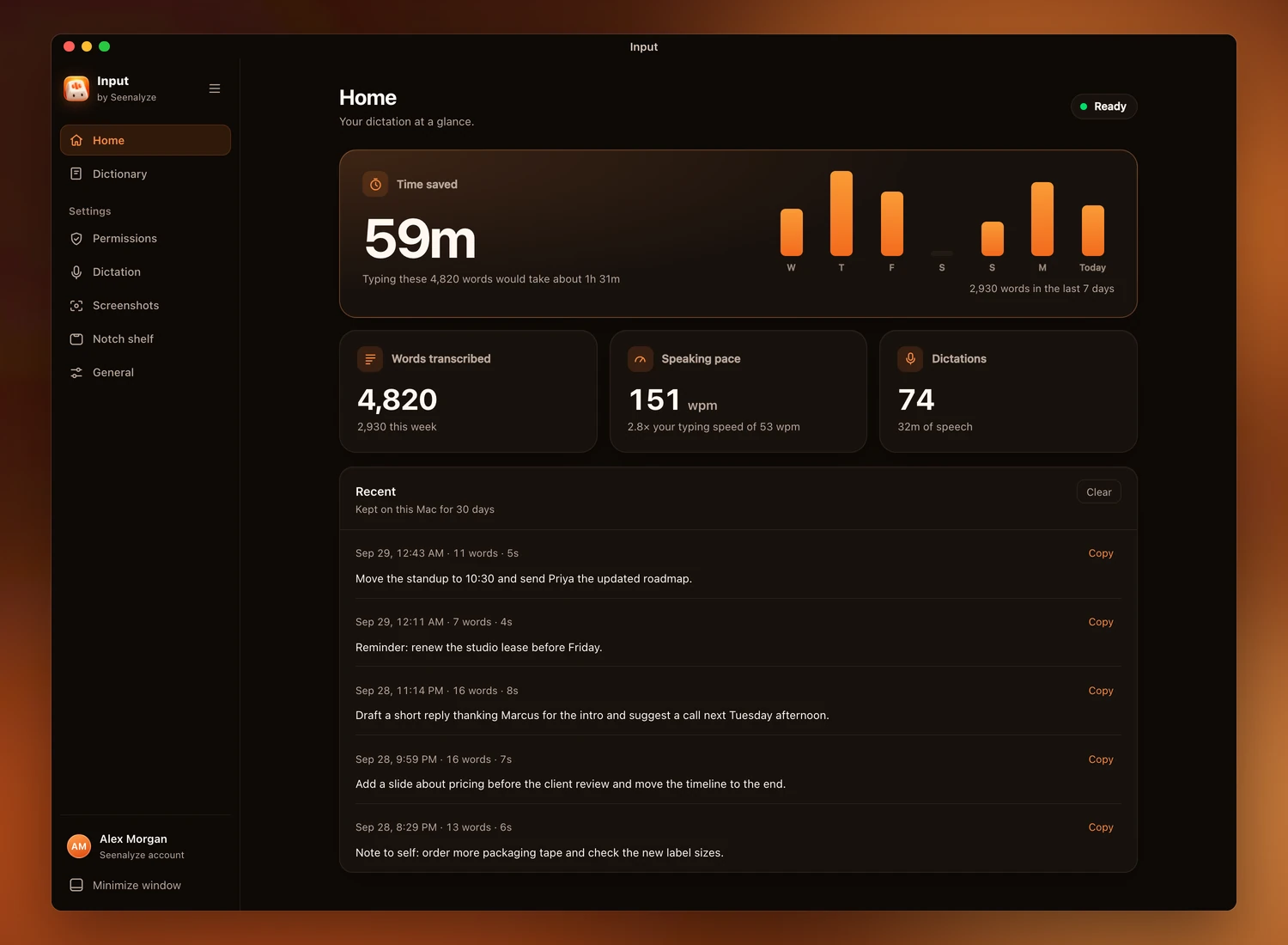 Input's home window in the roasted-brown dark appearance with recent transcripts