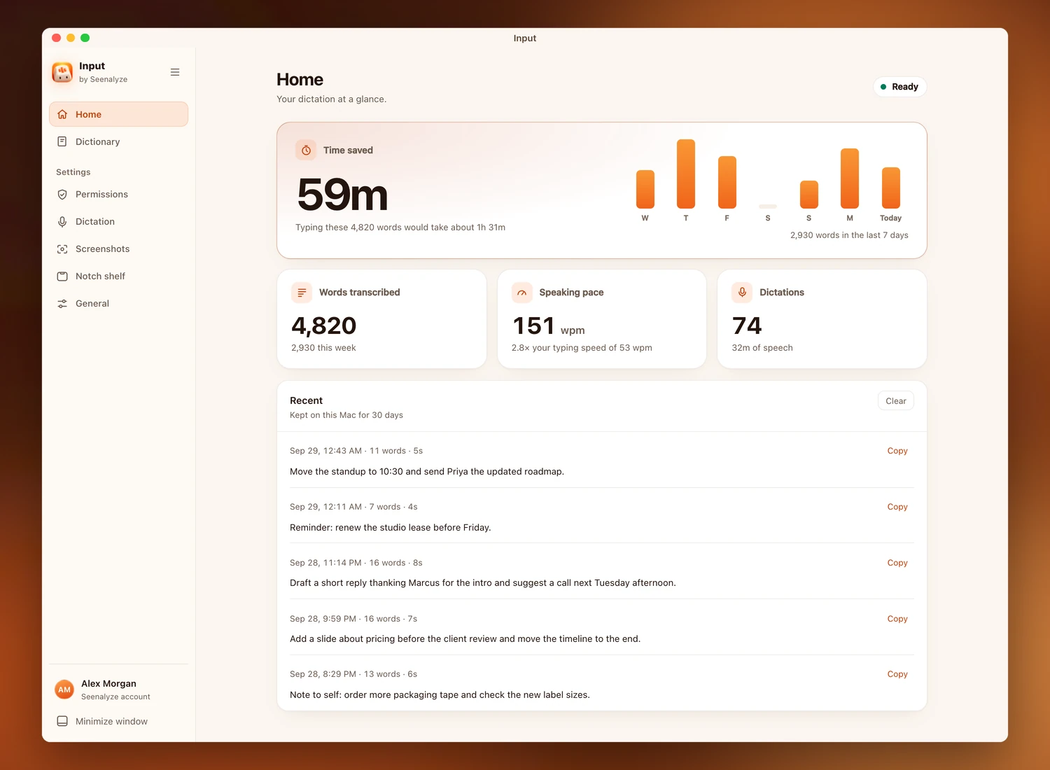 Input's home window in the warm cream light appearance with recent transcripts
