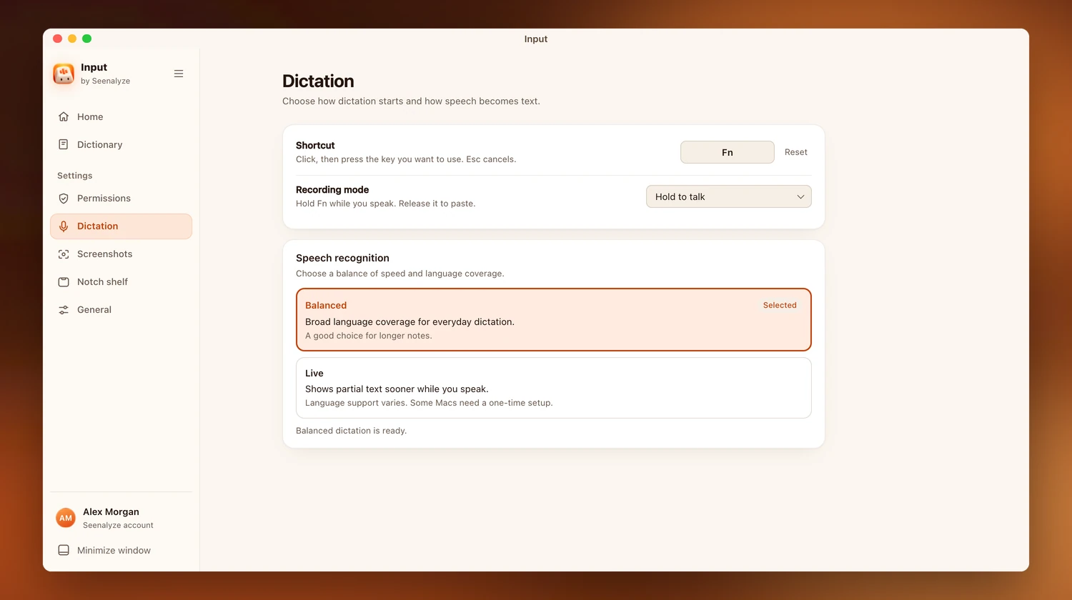 Input settings: dictation shortcut, recording mode and recognition mode